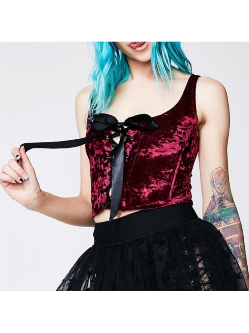 Dolls Kill wine Velvet Lace-Up bustier - Picture 10 of 10